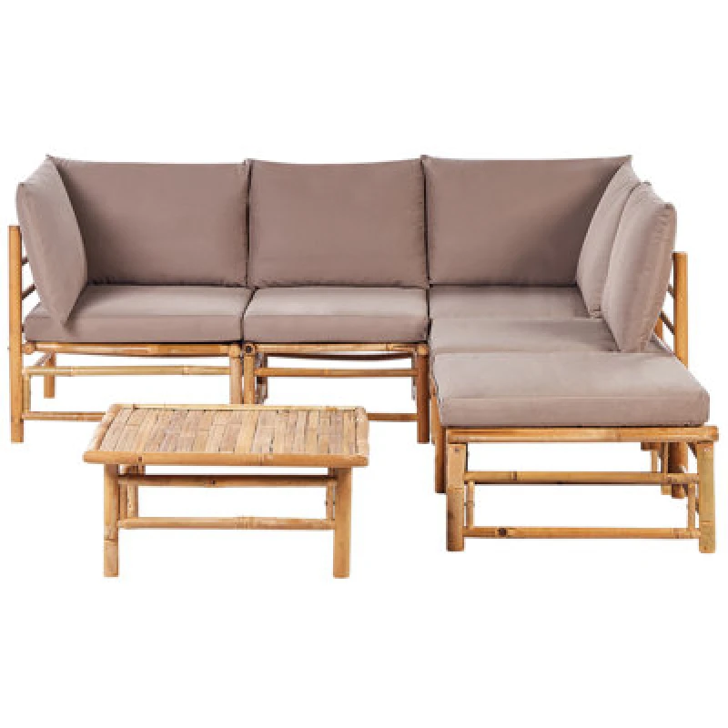 Image of Beliani Garden Corner Sofa With Table 5 Seater Cerreto Left Hand Bamboo Wood Taupe