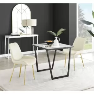 Image of Furniturebox Carson White Marble Effect Square Dining Table & 2 Cream Pesaro Gold Leg Velvet Chairs
