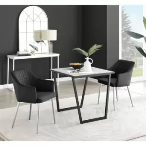 Image of Furniturebox UK - Furniturebox Carson White Marble Effect Square Dining Table & 2 Black Calla Silver Leg Velvet Chairs