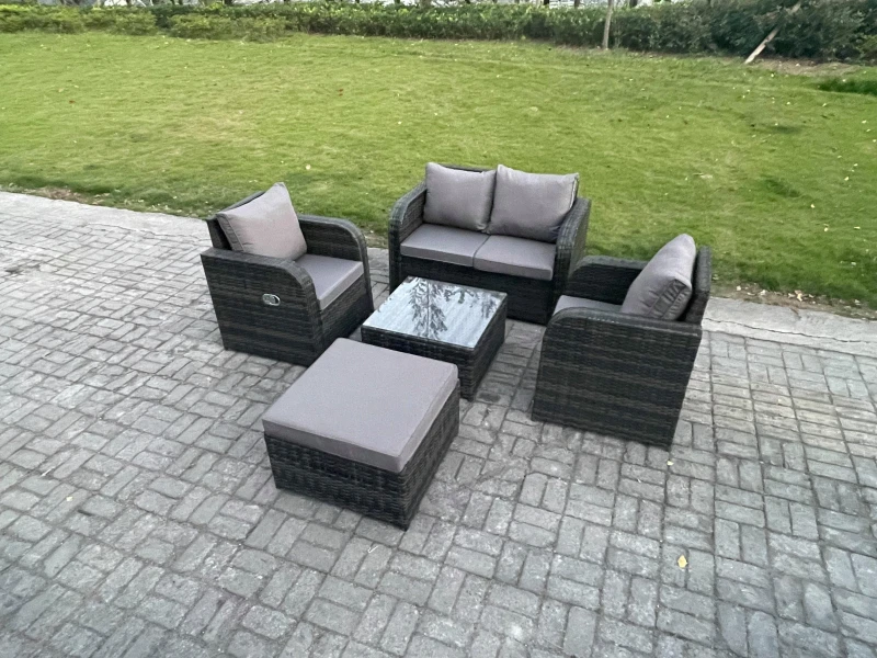 Image of Fimous Wicker PE Rattan Garden Furniture Set Outdoor Lounge Sofa Set with Love Sofa Square Coffee Table Big Footstool Dark Grey