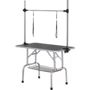 Image of Dog Pet Grooming Table Metal Frame Rubber Top w/ 2 Slings Storage Basket Black - Pawhut