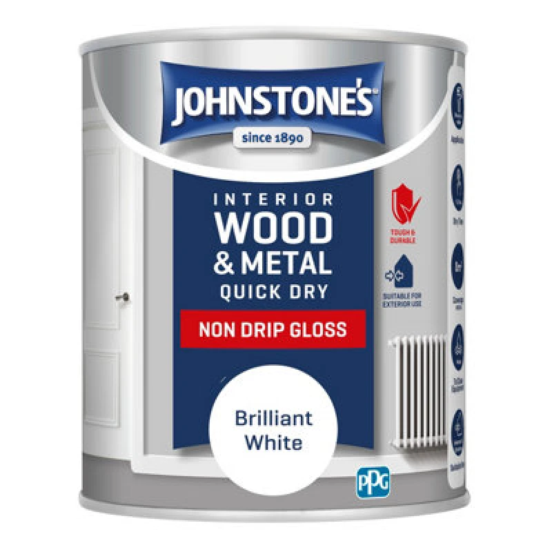Image of JOHNSTONE'S Interior Quick Dry Gloss Brilliant White 750ml - Brilliant White - Johnstone's 423306