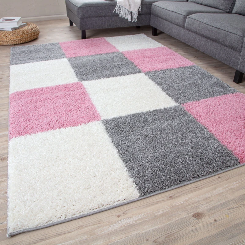 Image of THE RUGS Fluffy & Soft Shaggy Rugs Living Room Rug in Pink - Elegant Geometric Design Carpets For Bedrooms & Kitchen 381 Size: 200cm x 290cm Pin