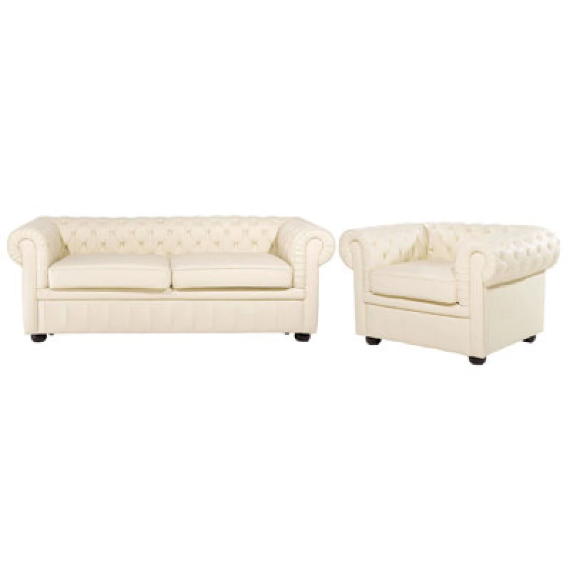 Image of Beliani Living Room Set 4 Seater Chesterfield Leather Light Beige