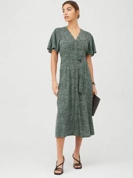 Image of WHISTLES Anita Spotted Animal Frill Sleeve Dress - Green/Multi, Green Multi, Size 6, Women