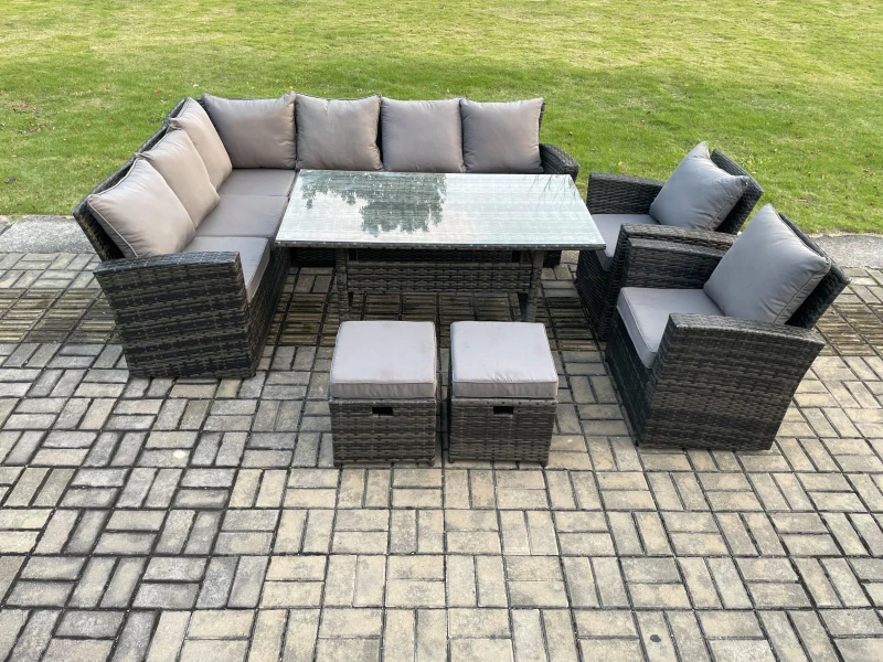 Image of Fimous 10 Seater Garden Rattan Furniture Corner Dining Set with 2 Small Footstools Armchair Indoor Outdoor Lounge Sofa Set Dark Grey Mixed Dark Grey U