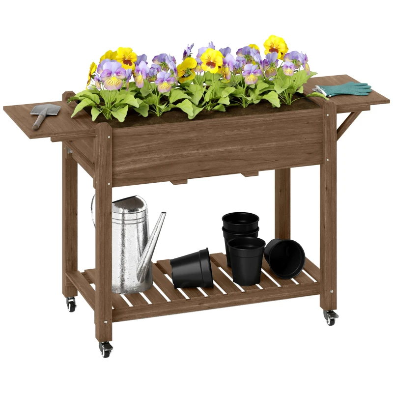 Image of Outsunny Outsunny Wooden Raised Planter with Lockable Wheels, Liner, Carbonised Medium Beige