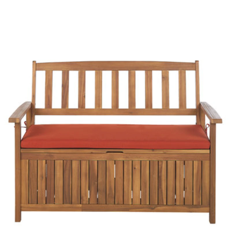 Image of Beliani Garden Bench With Cushion Sovana 120 Cm With Storage Acacia Wood Red