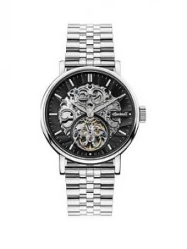 Image of Ingersoll Ingersoll Charles Black And Silver Detail Skeleton Automatic Dial Stainless Steel Bracelet Watch