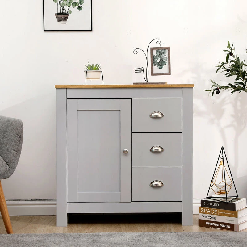Image of FURNITURE HMD Furniture Hmd - Multi Storage Cabinet Free Standing Unit 1 Door 3 Drawer Sideboard Cupboard- Grey+Oak,79x35x81cm(WxDxH) 25391-HMD