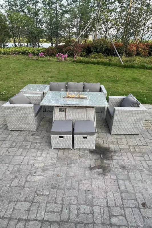 Image of Fimous Rattan Garden Furniture Set Gas Fire Pit Lounge Sofa Chair Dining Set With Side Table Light Grey