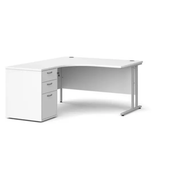 Image of Office Desk Left Hand Corner Desk 1400mm With Pedestal White Top With Silver Frame Maestro 25