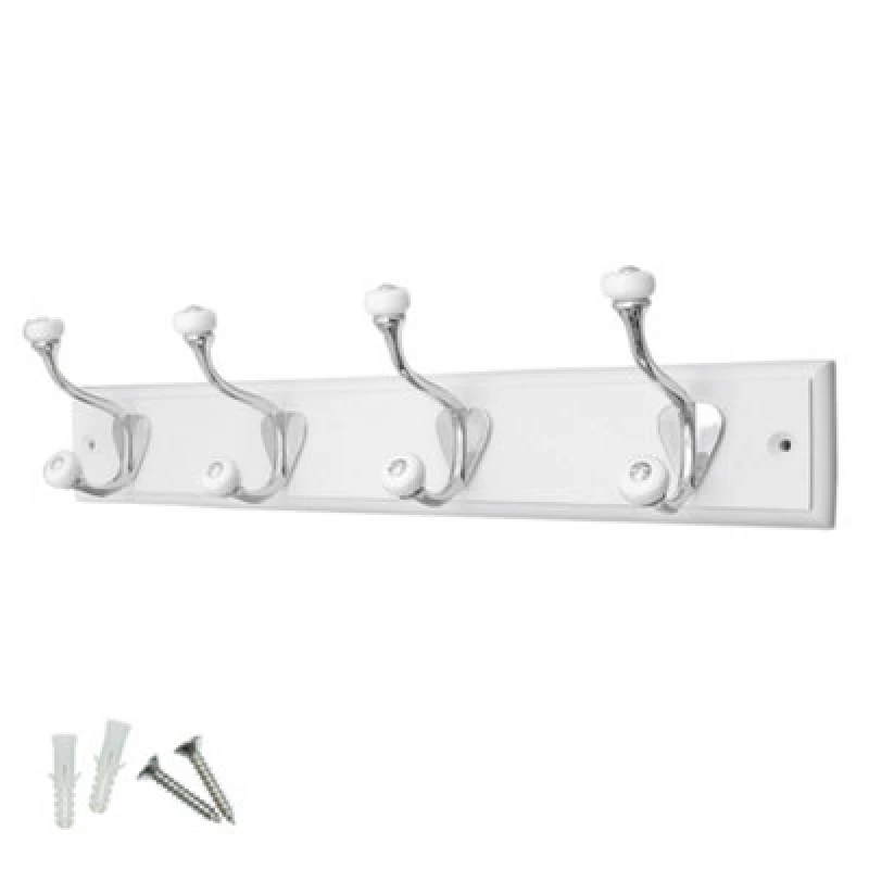 Image of Keypak 4-Hook Wall-Mounted Coat Rack, 45Cm - White Board, Ceramic Tip Coat Hooks - Fixings Included