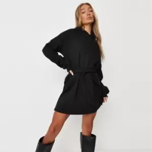 Image of Missguided Basic Hooded Tie Waist Dress - Black