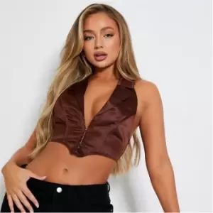 Image of I Saw It First Satin Halterneck Crop Top - Brown