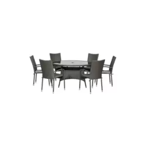 Image of MALAGA 6 Seater Stacking Dining Set 140cm Round Table with Black Glass Top, 6 Stacking Chairs including Cushions