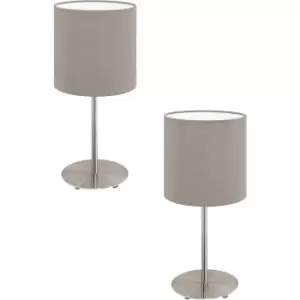Image of 2 PACK Table Desk Lamp Colour Satin Nickel Steel Shade Taupe Fabric E27 1x60W