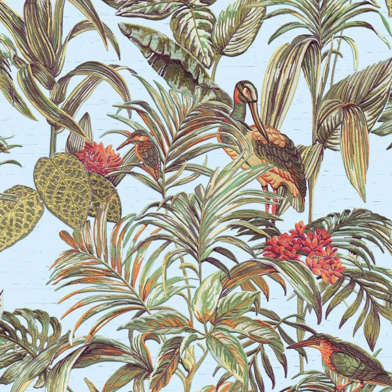 Image of DESIGN ID Design Id - Duck Egg Blue Tropical Wallpaper Birds Palm Textured Green Paste the Wall Vinyl WL-DE120014