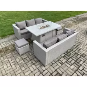 Image of Fimous 6 Seater Outdoor Light Grey PE Rattan Lounge Complete Sofa Set with Gas Fire Pit and 2 Stools