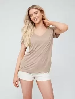 Image of Superdry Studios Slub V-neck T-Shirt - Beige, Beige, Size 8, Women
