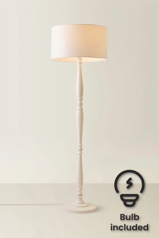 Image of ValueLights Victoria White Wood Traditional Floor Lamp with Fabric Drum Shade and LED Bulb White