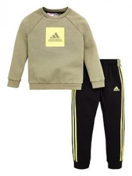 Image of Adidas Infant 2 Piece 3 Stripe Logo Sweatshirt And Jogger Set - Green