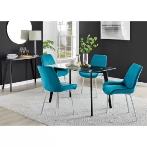 Image of Furniture Box Malmo Glass and Black Leg Dining Table & 4 Blue Pesaro Silver Chairs