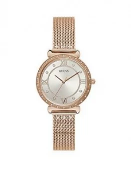 Image of Guess Guess Silver Crystal Set Dial Rose Gold Stainless Steel Mesh Strap Ladies Watch