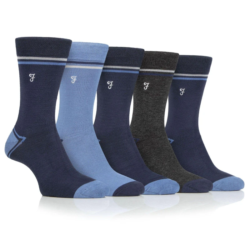 Image of Farah Mens 5 Pair Farah Plain, Striped and Patterned Everyday Bamboo Socks Blue