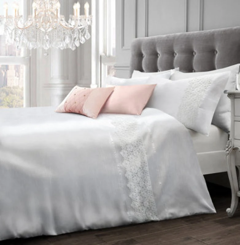 Image of Intimates Elegant Lace Finish Duvet Cover & Pillowcase Set, Luxury Bedding, Chic Bedroom Decor, Button Enclosure Bed Linen - White