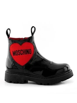 Image of Moschino Girl Moschino Heart Logo Patent Chelsea Boots - Black, Size 2 Older