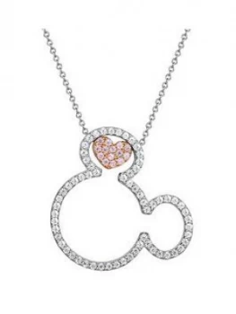 Image of Disney Mickey Mouse Sterling Silver Open Crystal and Rose Gold Crystal Heart Pendant Necklace, One Colour, Women