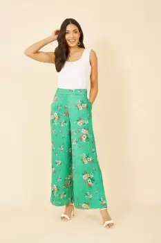 Image of Green Floral Satin Wide Leg Trousers