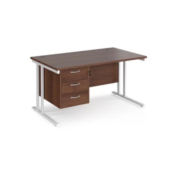 Image of Office Desk Rectangular Desk 1400mm With Pedestal Walnut Top With White Frame 800mm Depth Maestro 25 MC14P3WHW