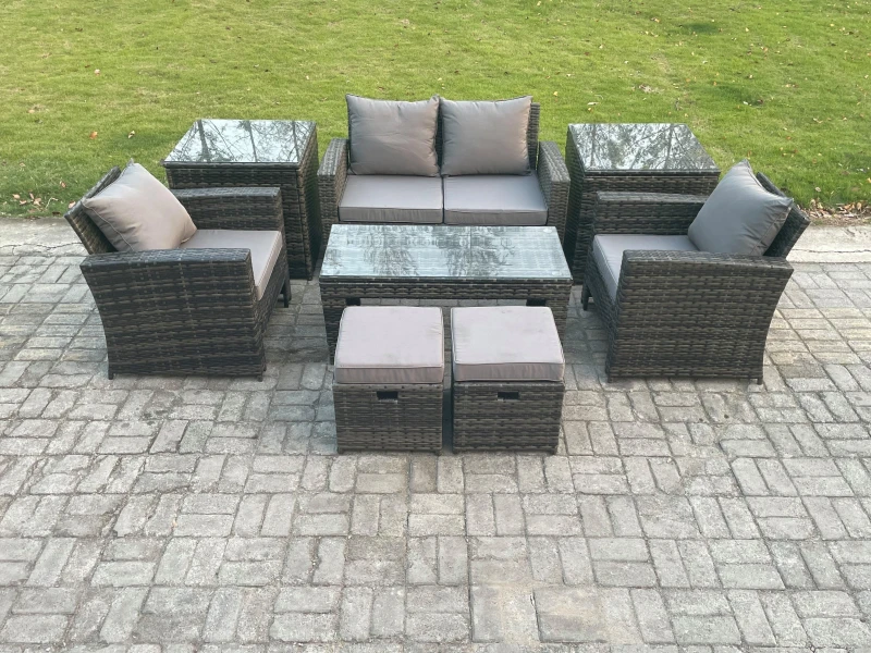 Image of Fimous 8 PCS Outdoor Lounge Sofa Set Wicker PE Rattan Garden Furniture Set with Rectangular Coffee Table Armchair in Dark Grey Dark Grey Unisex
