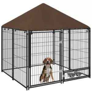 Image of PawHut Outdoor Dog Kennel Puppy Play Pen with Canopy Garden Playpen Fence Crate Enclosure Cage Rotating Bowl 141 x 141 x 151 cm