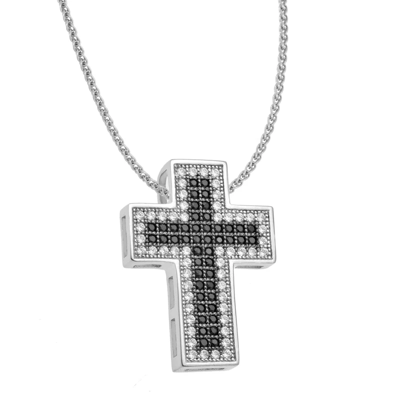 Image of Jewelco London Sterling Silver Black CZ Illuminated Cross Necklace 16>18 inch - RE4674BZ Silver female