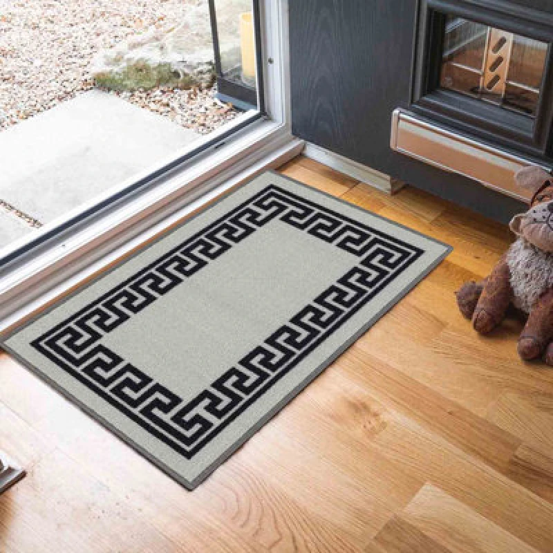 Image of Machine Washable Greek Key Design Anti Slip Doormats Grey 40X60 Cm