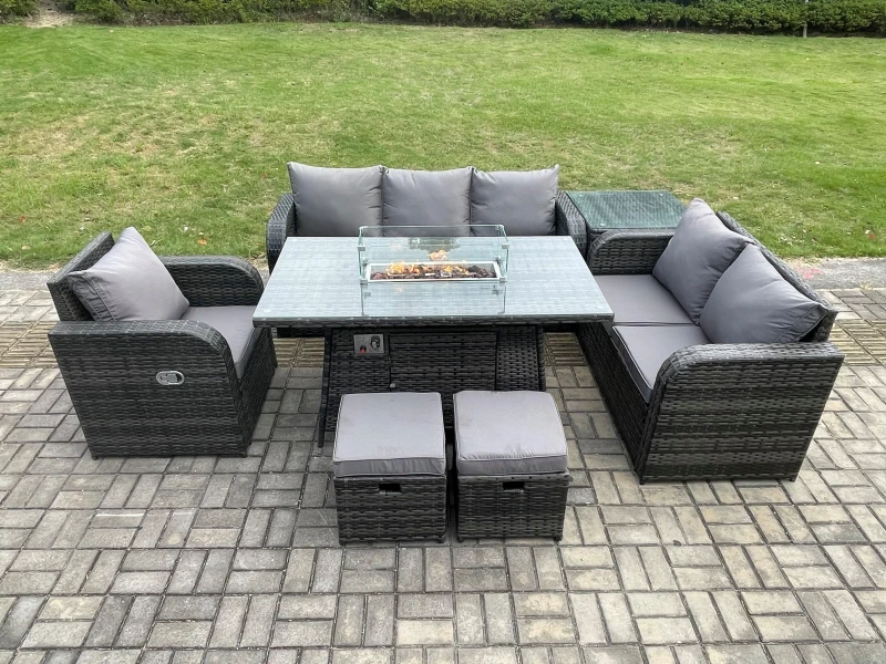 Image of Fimous Garden Patio Furniture Wicker Rattan Gas Fire Pit Table and Sofa Chair set with Side Table 2 Small Footstools Dark Grey