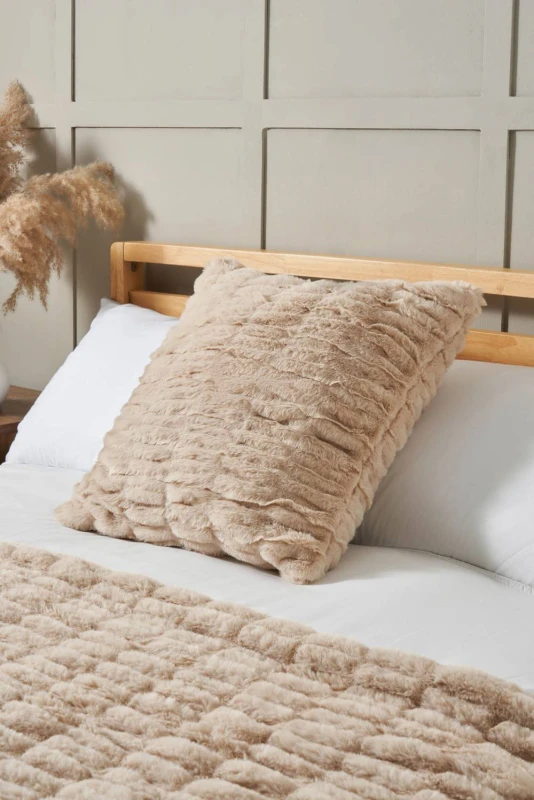 Image of BHS Ruched Faux Fur Cushion in Beige Beige Unisex