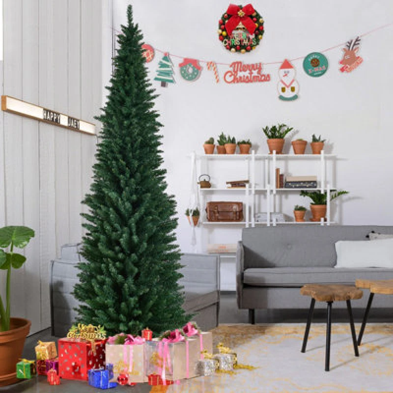 Image of Costway 8 Ft Artificial Christmas Tree Slim Pencil W/ Metal Stand Decorative Xmas Tree
