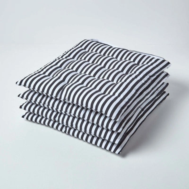 Image of Homescapes Black And White Stripe Seat Pad With Straps 40 X 40 Cm, Set Of 4
