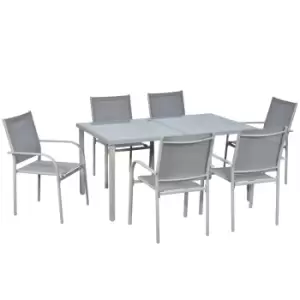 Image of Outsunny 7 Piece Garden Dining Set, Outdoor Table and 6 Stackable Chairs, Steel Frame, Tempered Glass Top Table, Mesh Seats, Grey