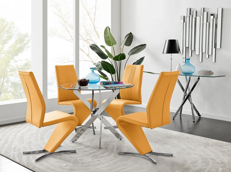 Image of FurnitureboxUK FurnitureboxUK Novara Round 100cm Chrome Metal And Glass Dining Table And 4 Willow Dining Chairs Set in Mustard Mustard One Size Unisex