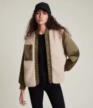 Image of AllSaints Womens Suri Bomber Jacket, Khaki/ivory, Size: 10