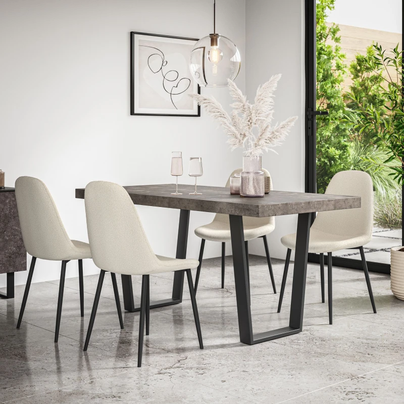 Image of More4Homes Aria Dining Table And Chairs - Concrete Effect Table Top W Black Legs + Maya Boucle Dining Chair Set Of 4 (Ivory White)