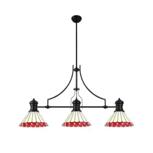 Image of Worcester, 3 Light Linear Ceiling Pendant E27 With 30cm Tiffany Shade, Matt Black, Red, Cream, Crystal