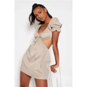 Image of I Saw It First Nude Cotton Poplin Off Shoulder Cut Out Tie Detail Skater Dress - Brown