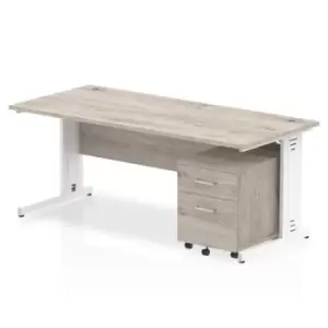Image of Impulse 1800 x 800mm Straight Office Desk Grey Oak Top White Cable Managed Leg Workstation 2 Drawer Mobile Pedestal