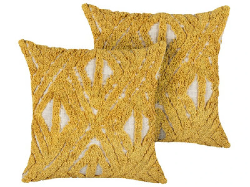 Image of Beliani Set Of 2 Decorative Cushions Alcea Cotton 45 X 45cm Yellow Geometric Pattern